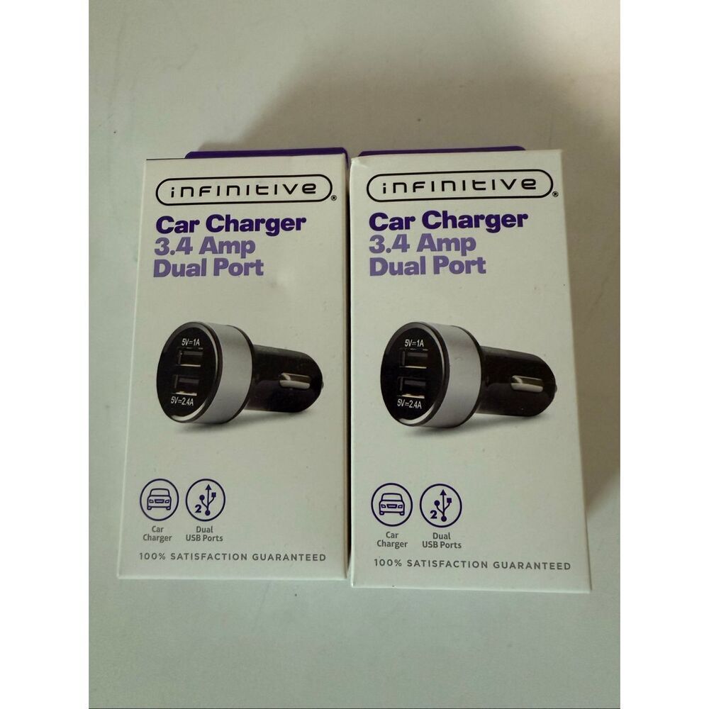 Set of 2 Infinitive FastDual Car Charger 3.4 Amp Dual Port USB Speed Charger New